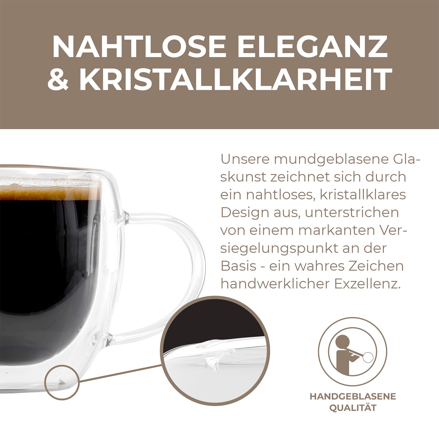 Doppelwandige Gläser - 6er-Set - 80 ml, mundgeblasen, nahtloses, kristallklares Borosilikatglas mit Henkel für heiße und kalte Getränke.