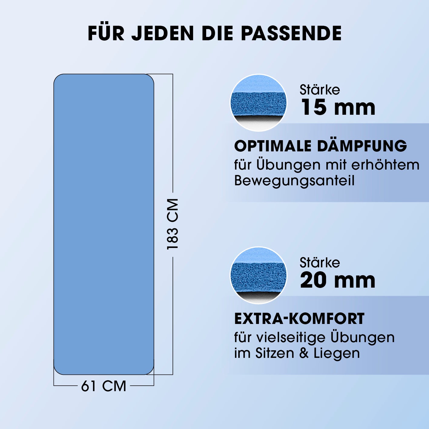 Fitness- und Gymnastikmatte - 183 x 61 x 1,5 cm - Blau mit optimaler Dämpfung und extra Komfort für vielseitige Übungen.