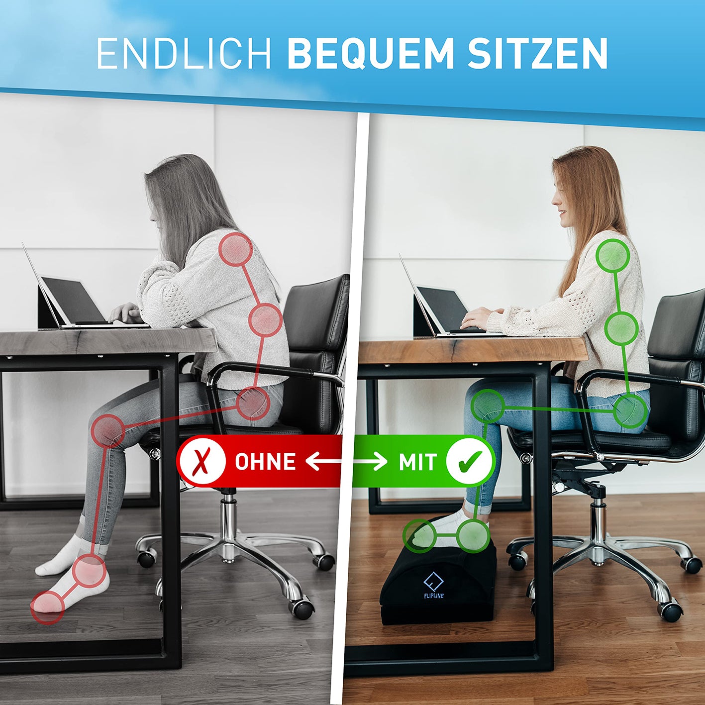 Schreibtisch-Fußstütze mit Fußtasche - Schwarz zeigt verbessertes ergonomisches Sitzen für Komfort und richtige Haltung am Arbeitsplatz.
