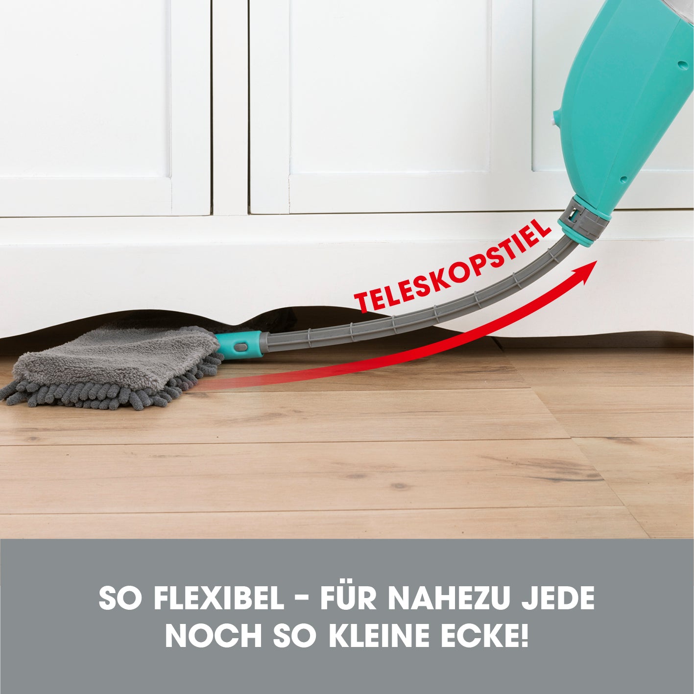 Spray-Mopp mit Wendefunktion - türkis mit flexiblem Teleskopstiel für einfache Reinigung unter Möbeln und in engen Ecken.