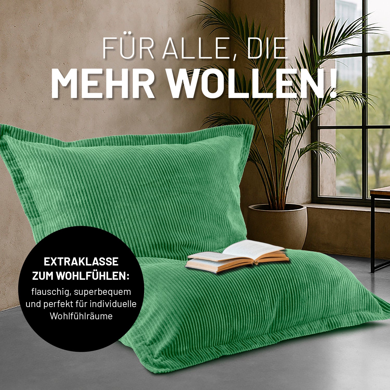 Sitzsack Classic XXL aus der LUMALAND Cord-Reihe 380 L Dunkelgrün mit weichem Cordbezug, 140 x 180 cm, perfekt für komfortable Wohnräume.