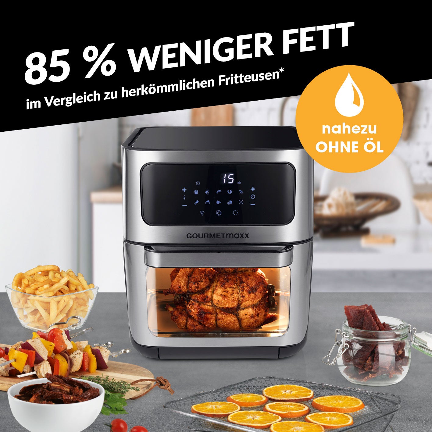 Heißluft-Ofen Digital mit Sichtfenster - 12l für fettarmes Garen mit Heißluft, Grill, Fritteuse und digitalem Touchdisplay.