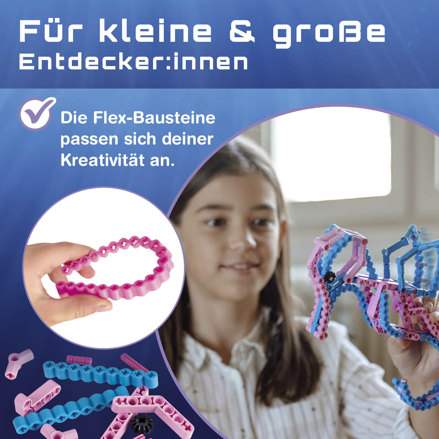 Baustein-Set Seepferdchen zeigt flexible, bieg- und drehbare Flex-Bausteine für kreative und dynamische Konstruktionen.