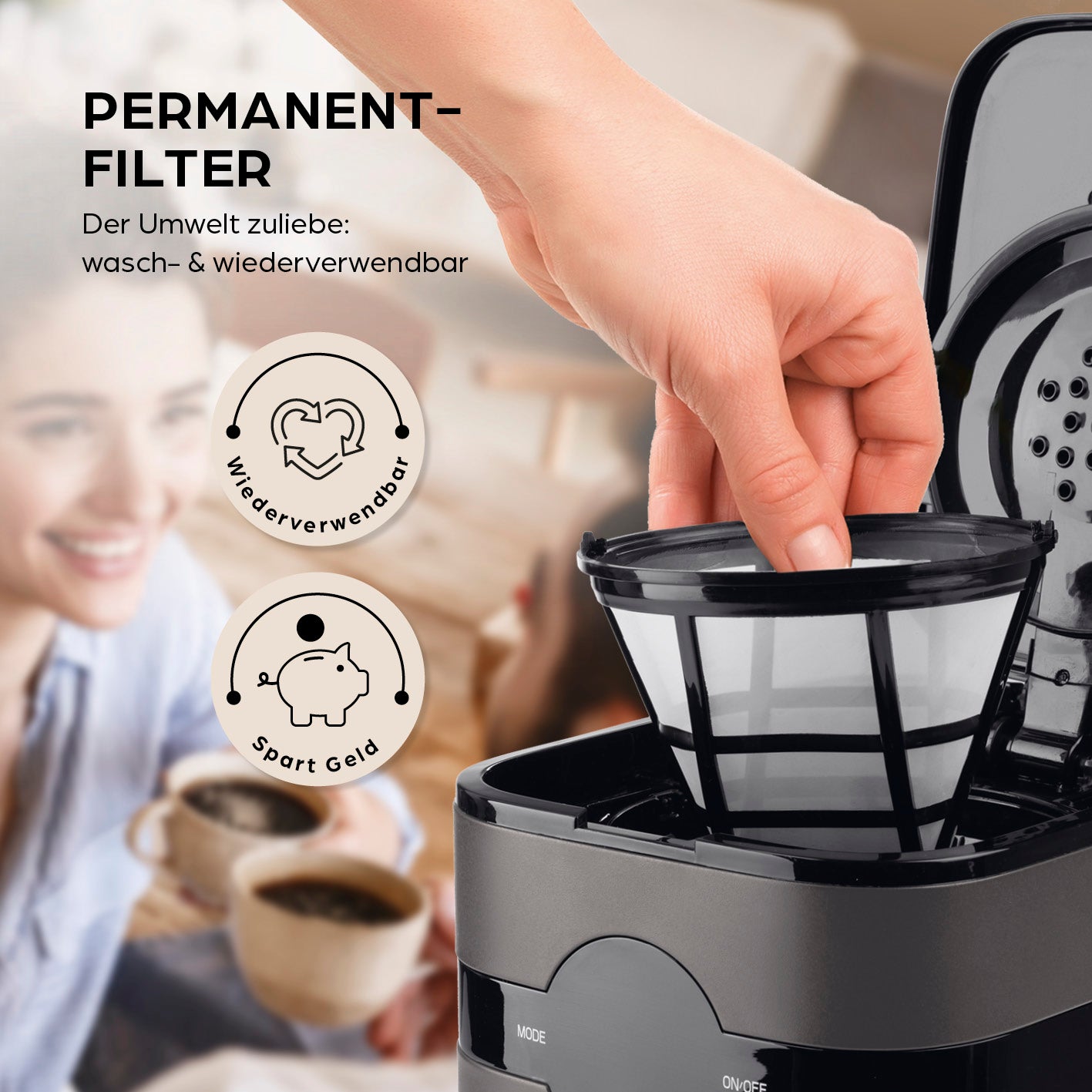 Filterkaffeemaschine Touch Iso - Grau mit waschbarem Permanentfilter für nachhaltigen Kaffeegenuss, einfach zu bedienen und sparsam.