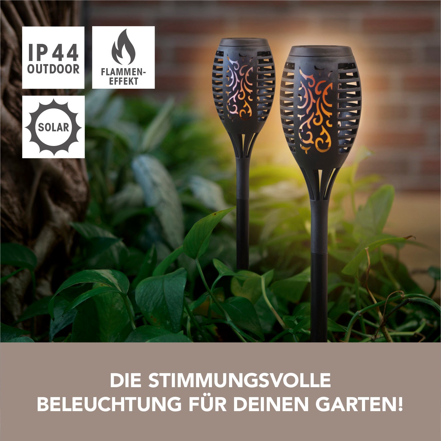 Solar-Fackel LED mit Erdspieß und Clip - 2er-Set mit realistischem Flammeneffekt und wetterfester Solar-Außenbeleuchtung für Gartenbereiche.