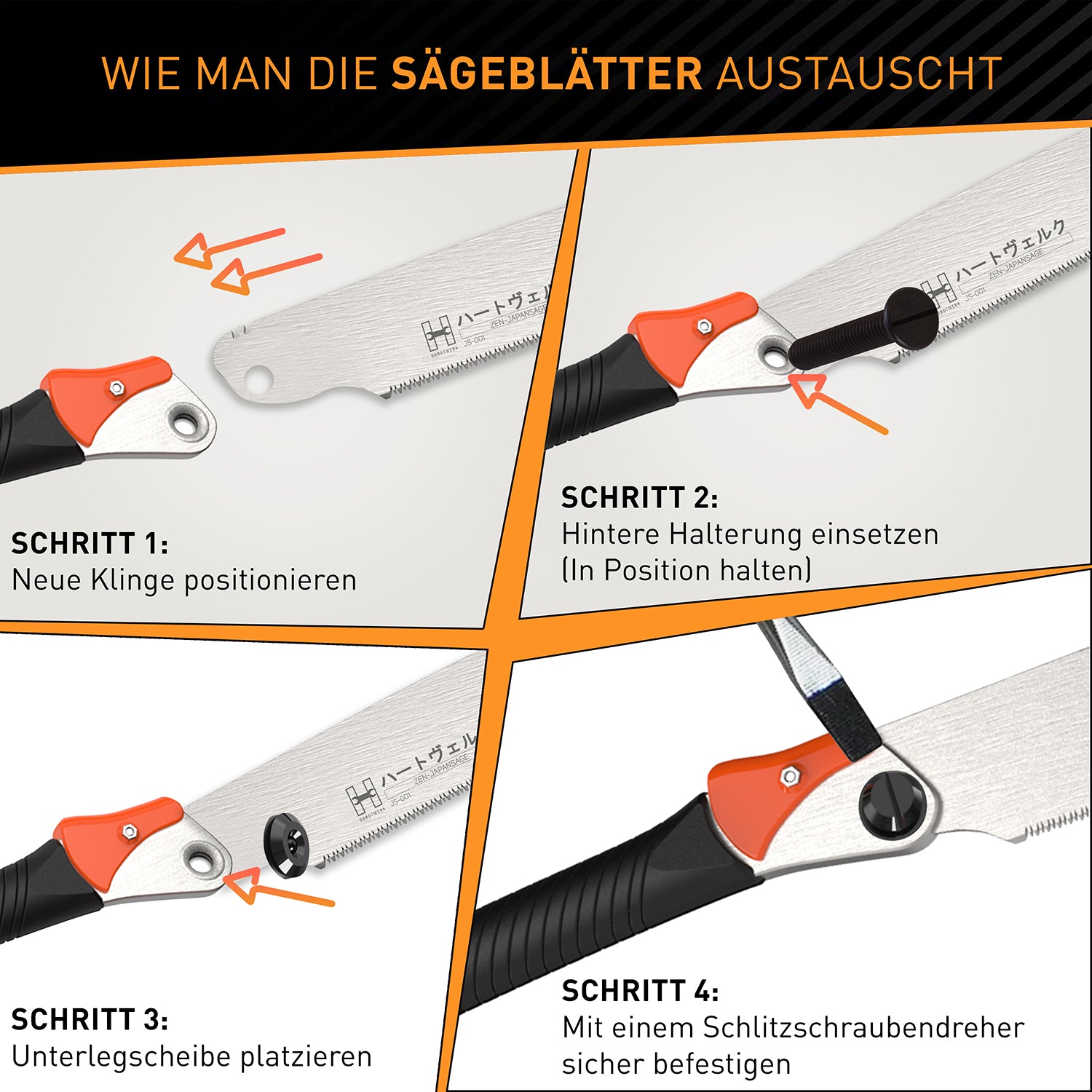 Ersatzsägeblatt für Japansäge Zen - 240 mm mit Anleitungen zum sicheren Austauschen der Sägeblätter in vier einfachen Schritten.