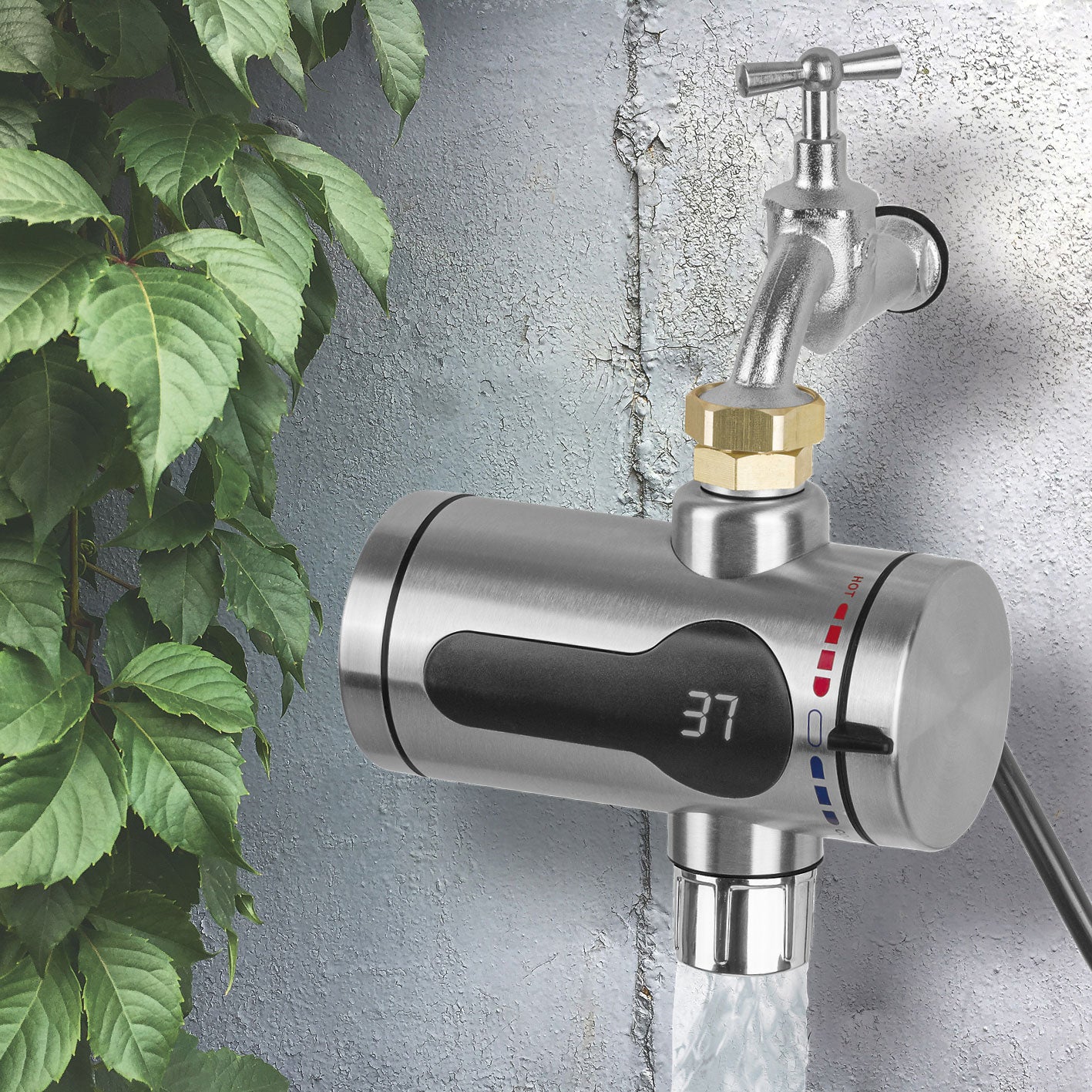 Durchlauferhitzer Kompakt aus Edelstahl mit LED-Temperaturanzeige, schneller Warmwasserbereitung bis 60 °C, ideal für Garten und Terrasse.