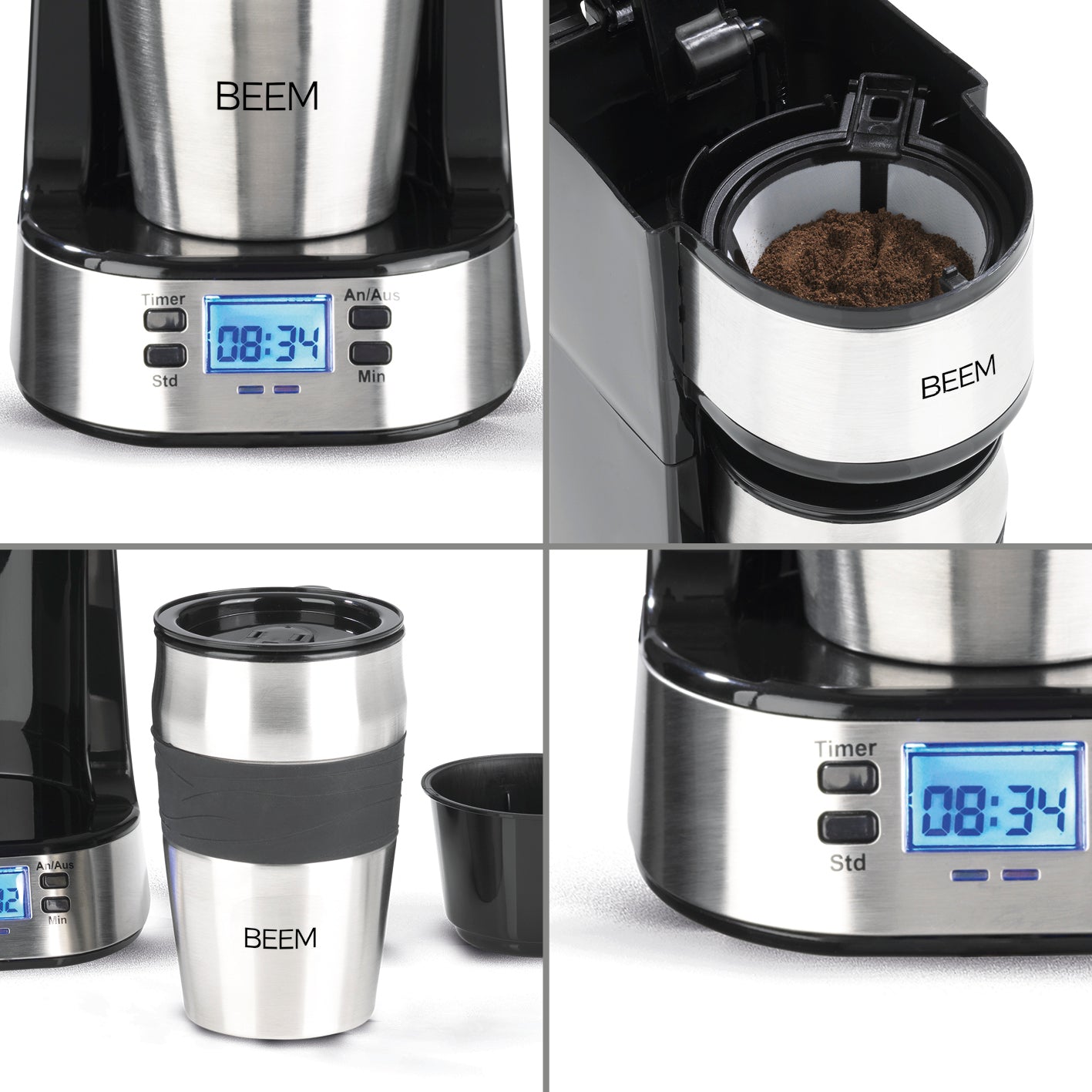 Single-Kaffeemaschine Thermo2Go - 750 Watt, Edelstahl/schwarz mit Timer, beleuchtetem LC-Display und To-go-Thermobecher