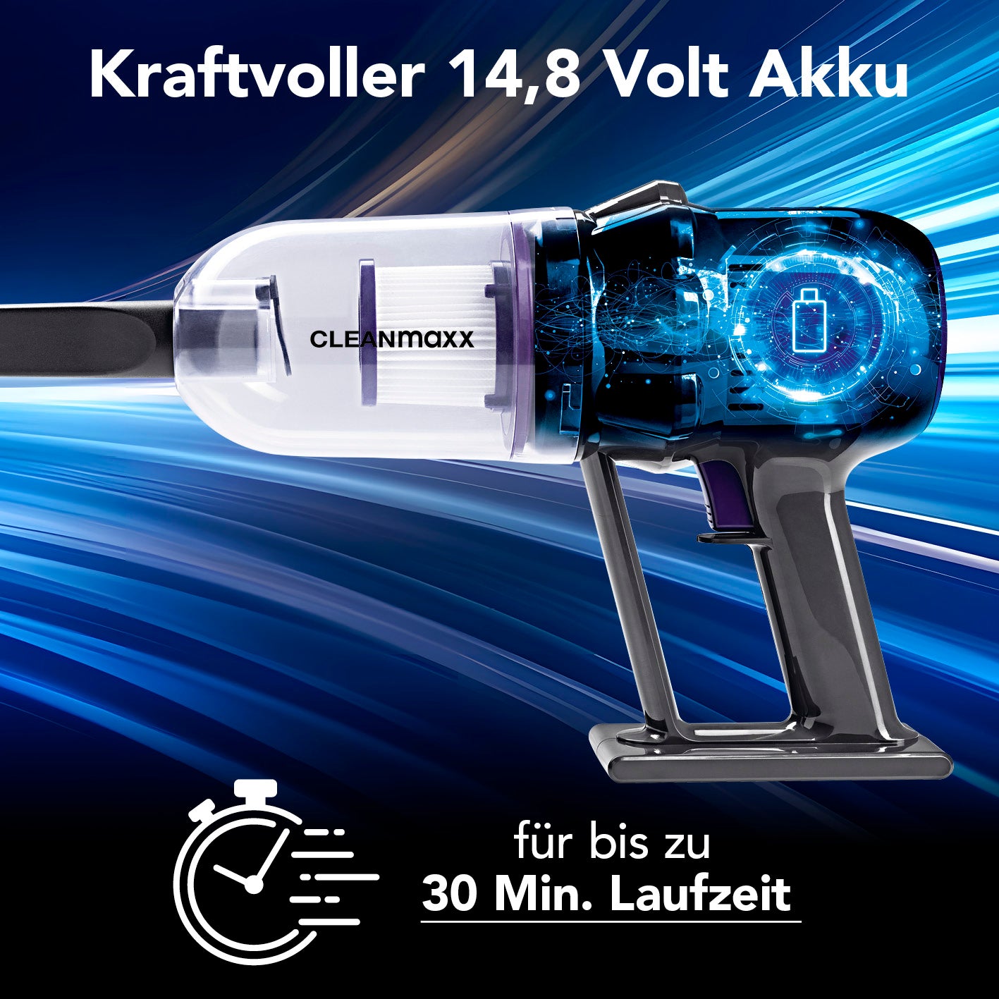 Akku-Staubsauger mit kraftvollem 14,8-Volt-Akku, 30 Min. Laufzeit und beutelloser Technologie für flexible Reinigung.