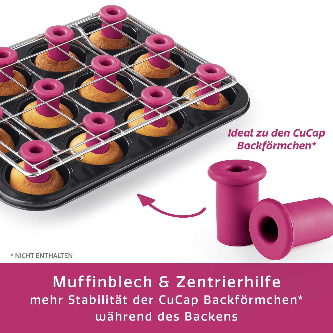 Backblech mit Zentrierhilfe für Muffins & Cupcakes mit stabiler Fixierung der CuCap Backförmchen für gleichmäßiges Backen.