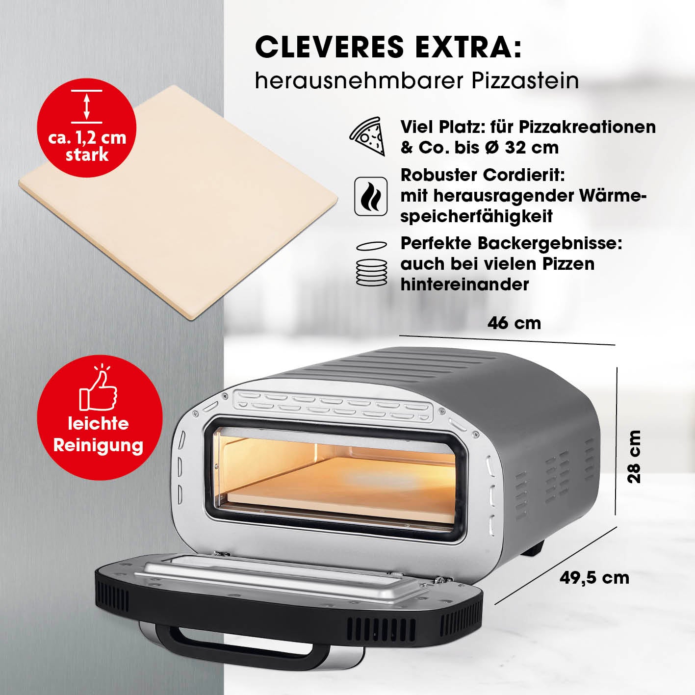 Elektro-Pizzaofen mit Pizzaheber, inkl. herausnehmbarem Pizzastein für Pizzen bis Ø 32 cm, leichte Reinigung, 1700 Watt, 430°.