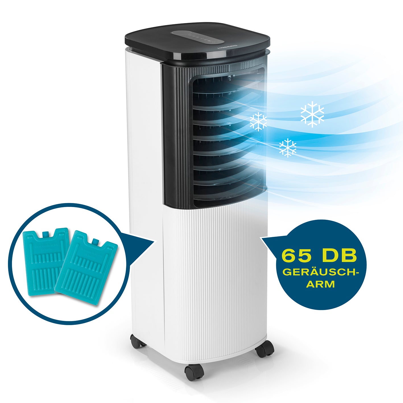 Luftkühler mit Peltier-Element mit 2 Kühlakkus, 65 dB leise, 4 Stufen, Schlafmodus und LED-Touch-Display für erfrischende Luft.