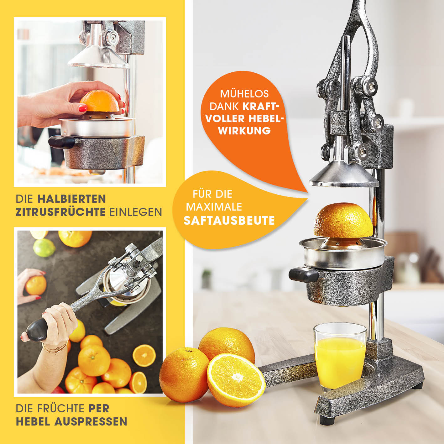Manuelle Saftpresse + Orangenständer - Silber mit Hebel für maximale Saftausbeute, robust und stilvoll für Zitronen, Orangen und Limetten.