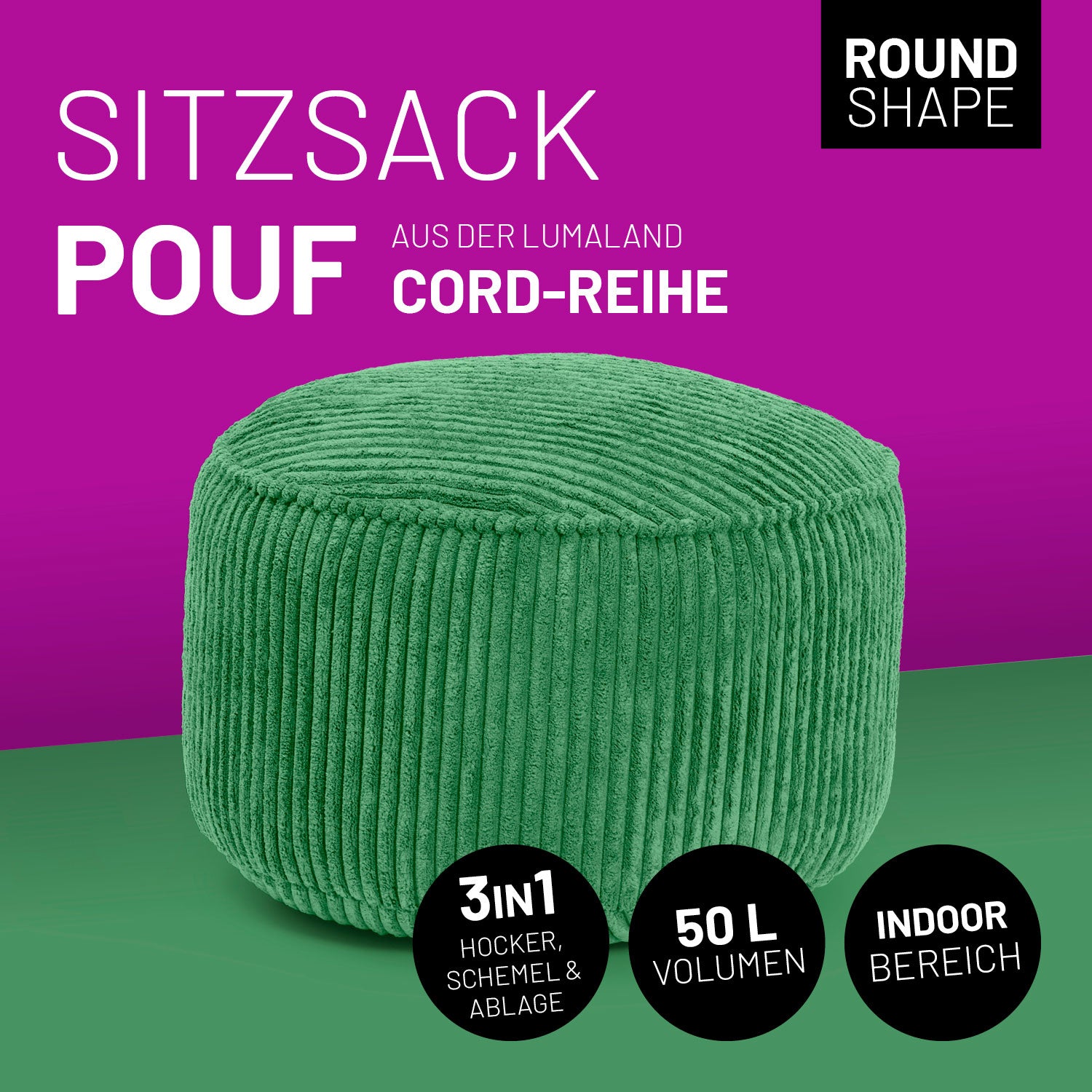 Sitzsack Pouf aus der Cord-Reihe - Dunkelgrün als vielseitiger 3in1 Hocker, Schemel und Ablage mit robustem, waschbarem Cordbezug.