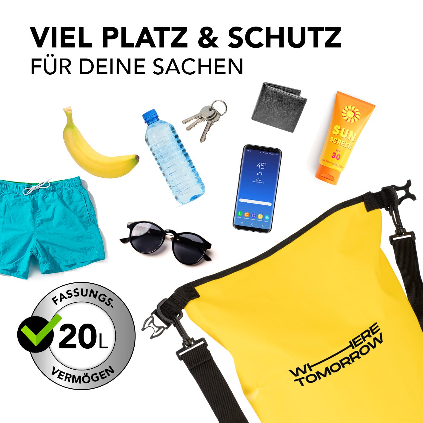 Dry Bag 20L - Style 01 - Gelb wasserdichter, robuster Rucksack mit UV-Schutz und 20L Fassungsvermögen für Outdoor-Abenteuer.