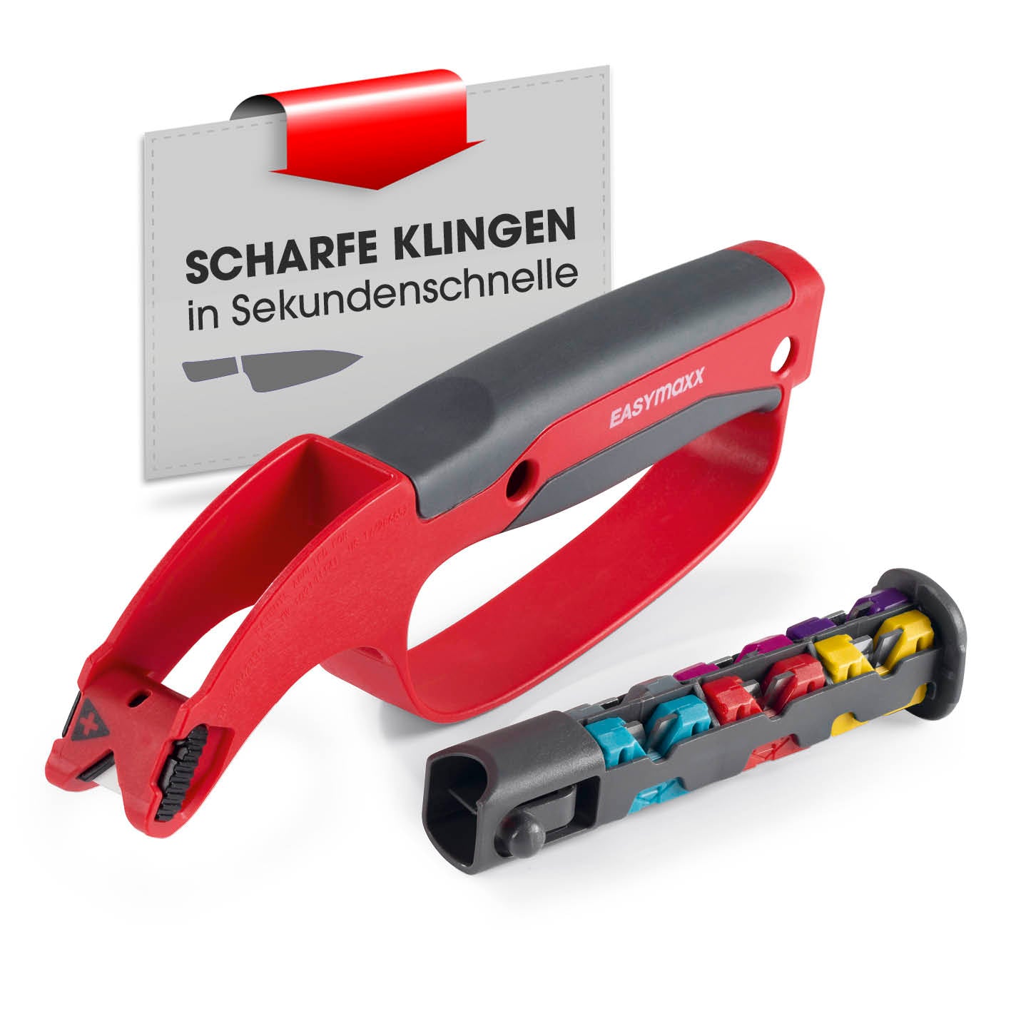 Klingenschärfer und Schärfeinsätze - für Messer, Werkzeug, Gartengeräte mit 6 Wechsel-Einsätzen und Keramik-Entgrater von EASYmaxx.