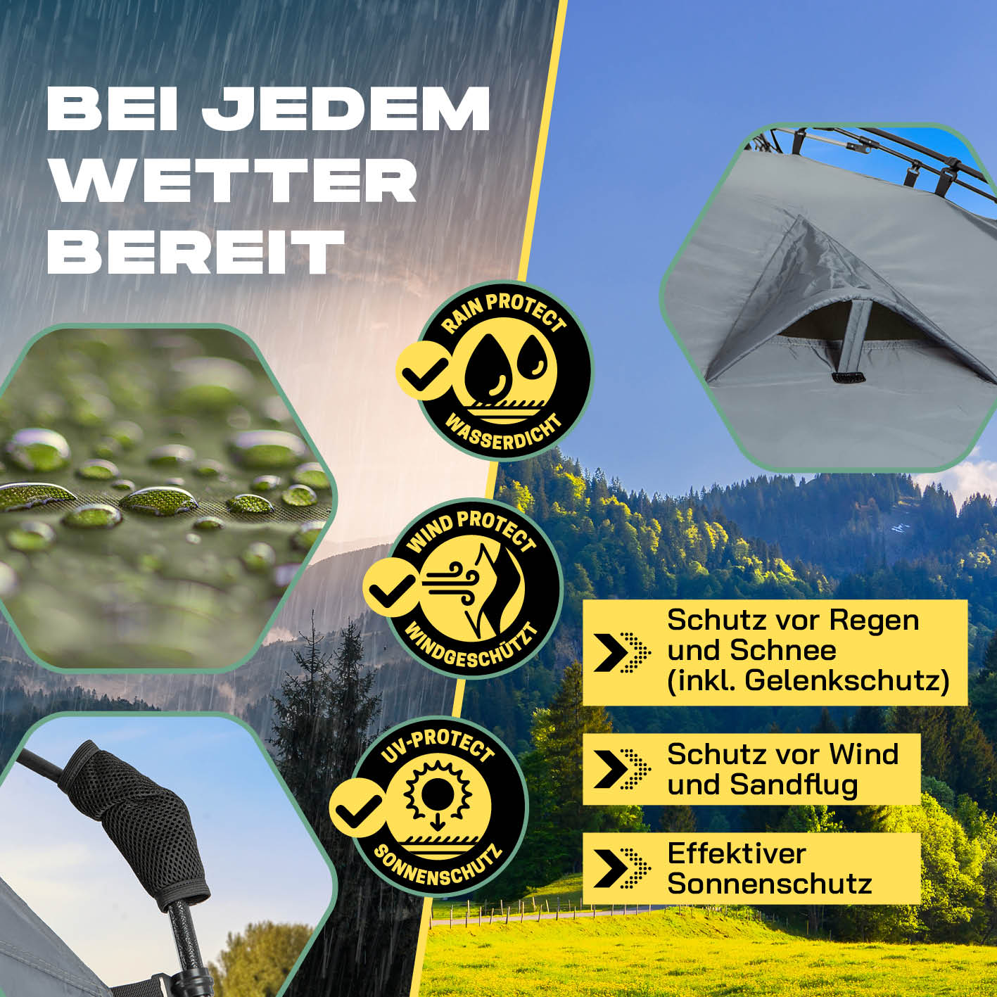 Pop-up-Duschzelt für 2 Personen - grün/grau mit Schutz vor Regen, Schnee, Wind, Sandflug und effektivem Sonnenschutz.