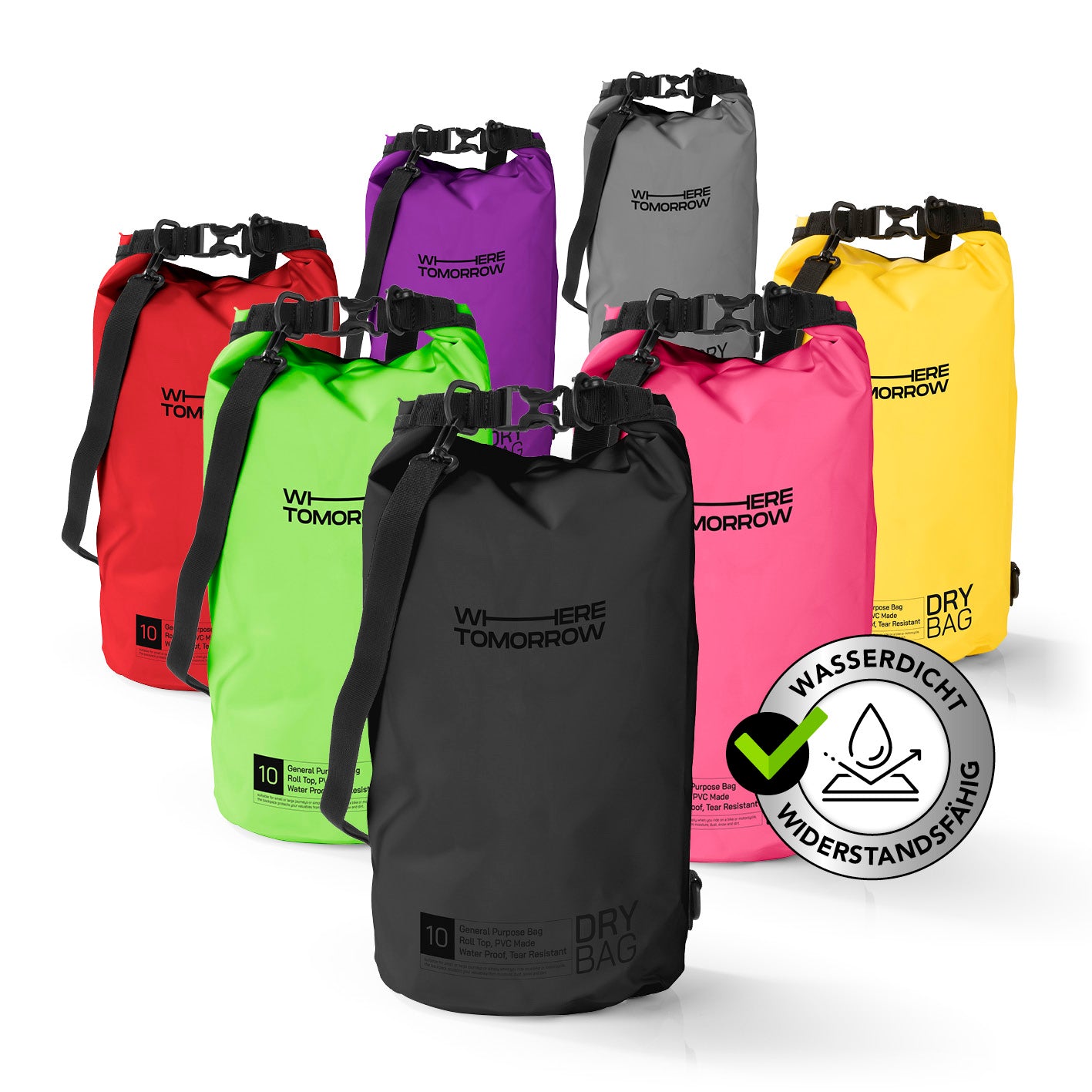 Dry Bag 10L - Style 01 - Schwarz, wasserdichter, robuster Outdoor-Rucksack mit verstellbarem Schultergurt und Rolltop-Verschluss.
