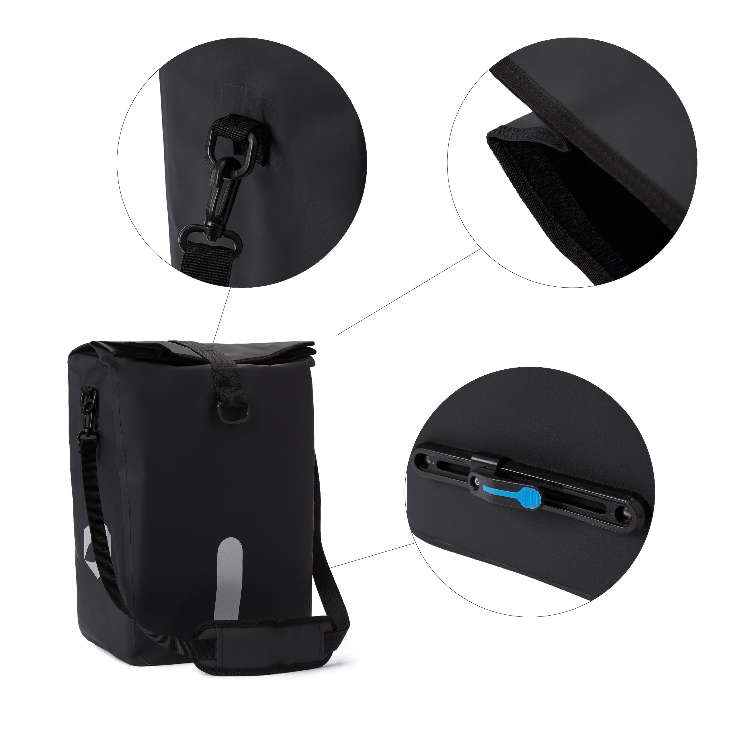Wasserdichte Fahrradtasche Roll-Top - 21 L - Schwarz mit abnehmbarem Schultergurt, reflektierend und schnellem Steckverbindungssystem.