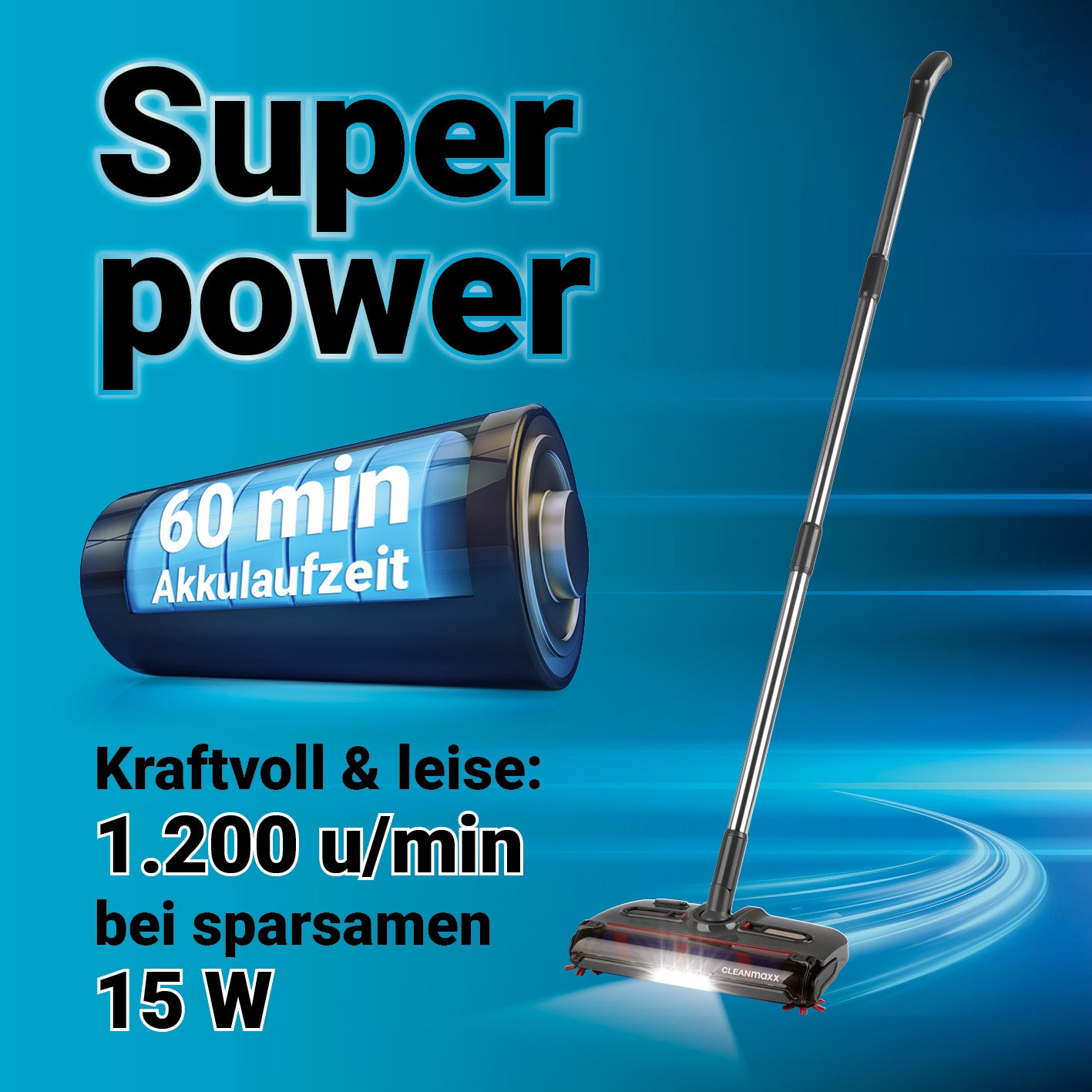 Akkubesen mit LED-Beleuchtung kabellos mit 60 Min Laufzeit, 1.200 U/min, leistungsstark und leise für alle Böden.