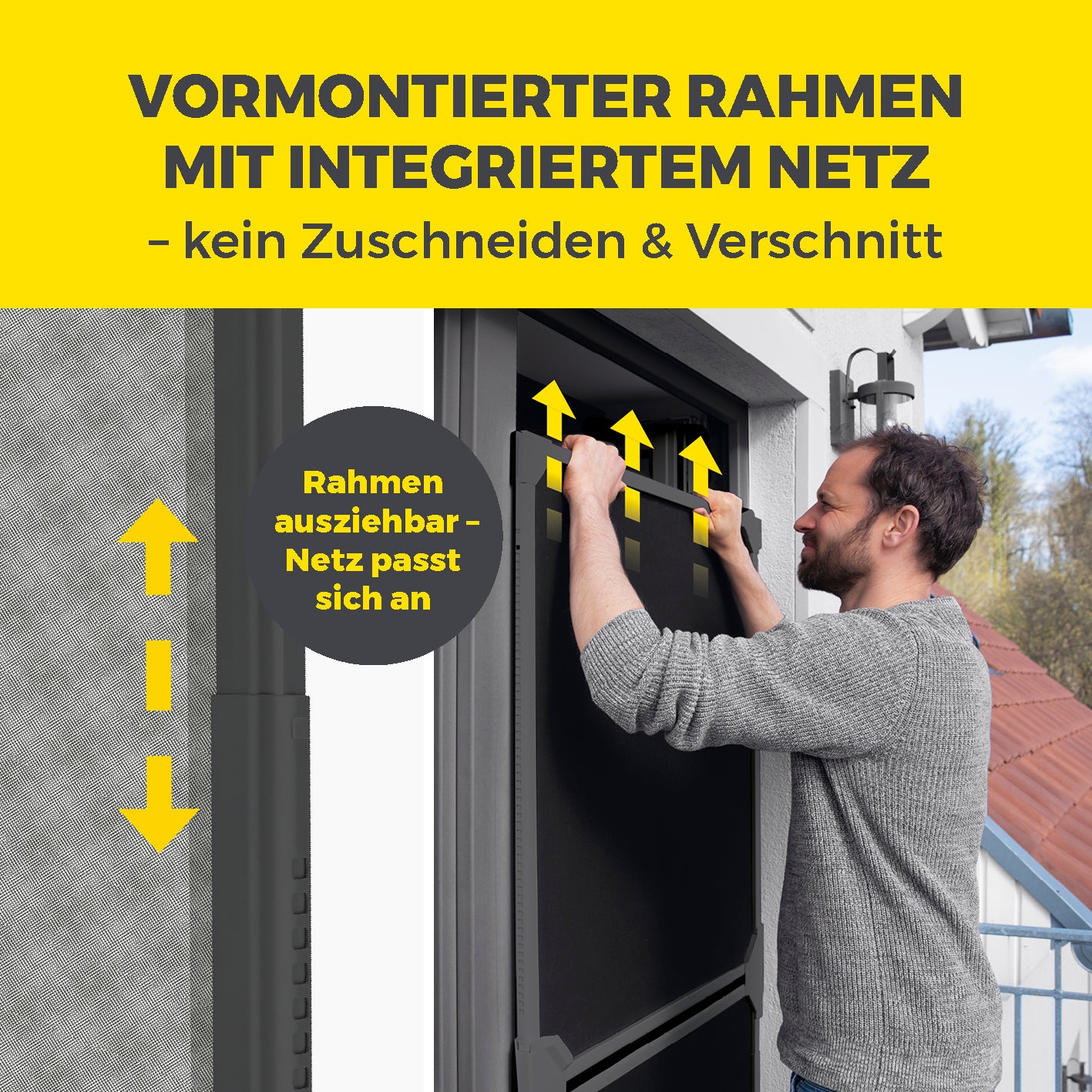 Mann montiert Teleskop-Insektenschutzgitter Schwingtür – Grau mit ausziehbarem Rahmen und integriertem Netz ohne Zuschneiden.