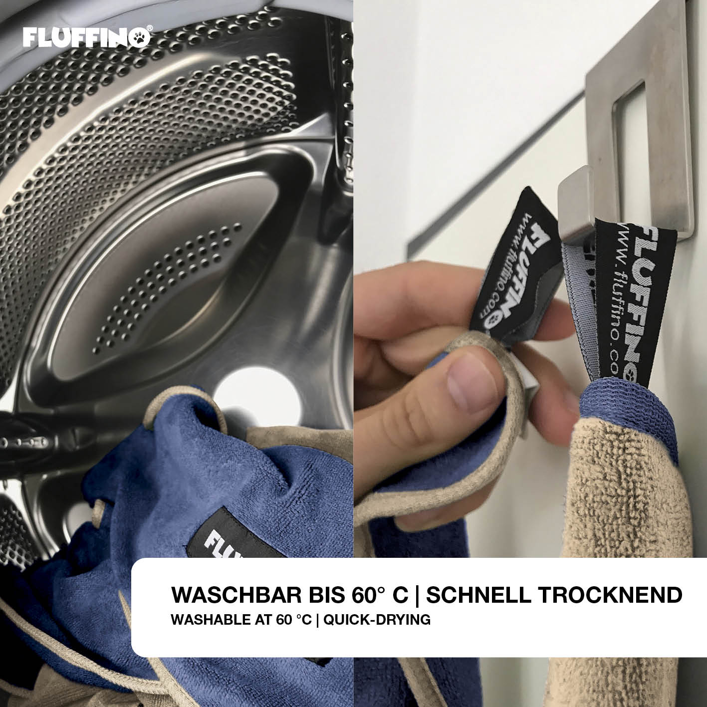 Hundehandtuch Mikrofaser – 2er-Pack in Beige & Blau, waschbar bis 60°C, schnell trocknend, extra saugfähig, handlich und strapazierfähig.