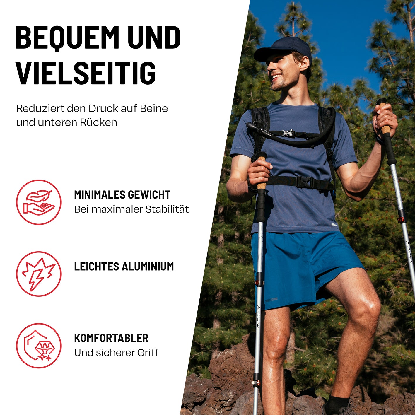 Teleskop Wanderstöcke - Aluminium - 63 cm /135 cm, leicht, verstellbar, ergonomisch, ideal für berg- und wandertouren.
