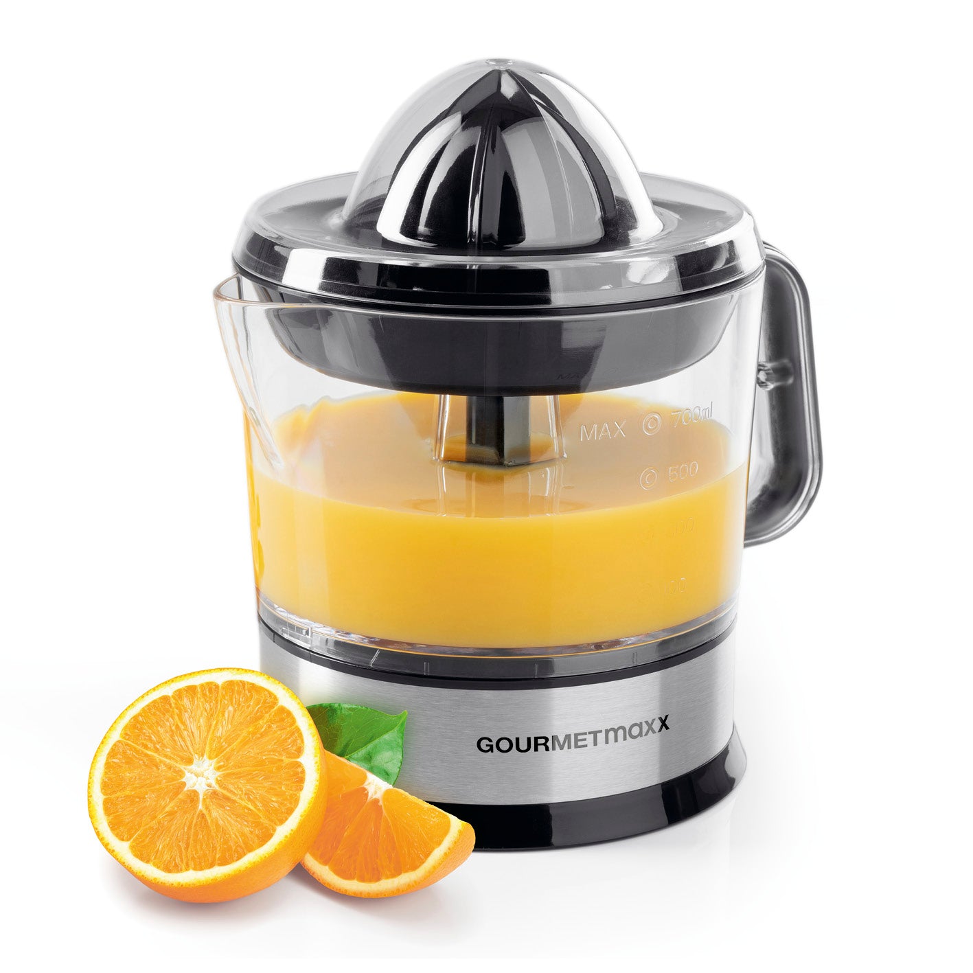 Zitruspresse 0,7l - Edelstahl mit 2 Pressaufsätzen, Aromadeckel und 0,7l Behälter für frisch gepressten Saft