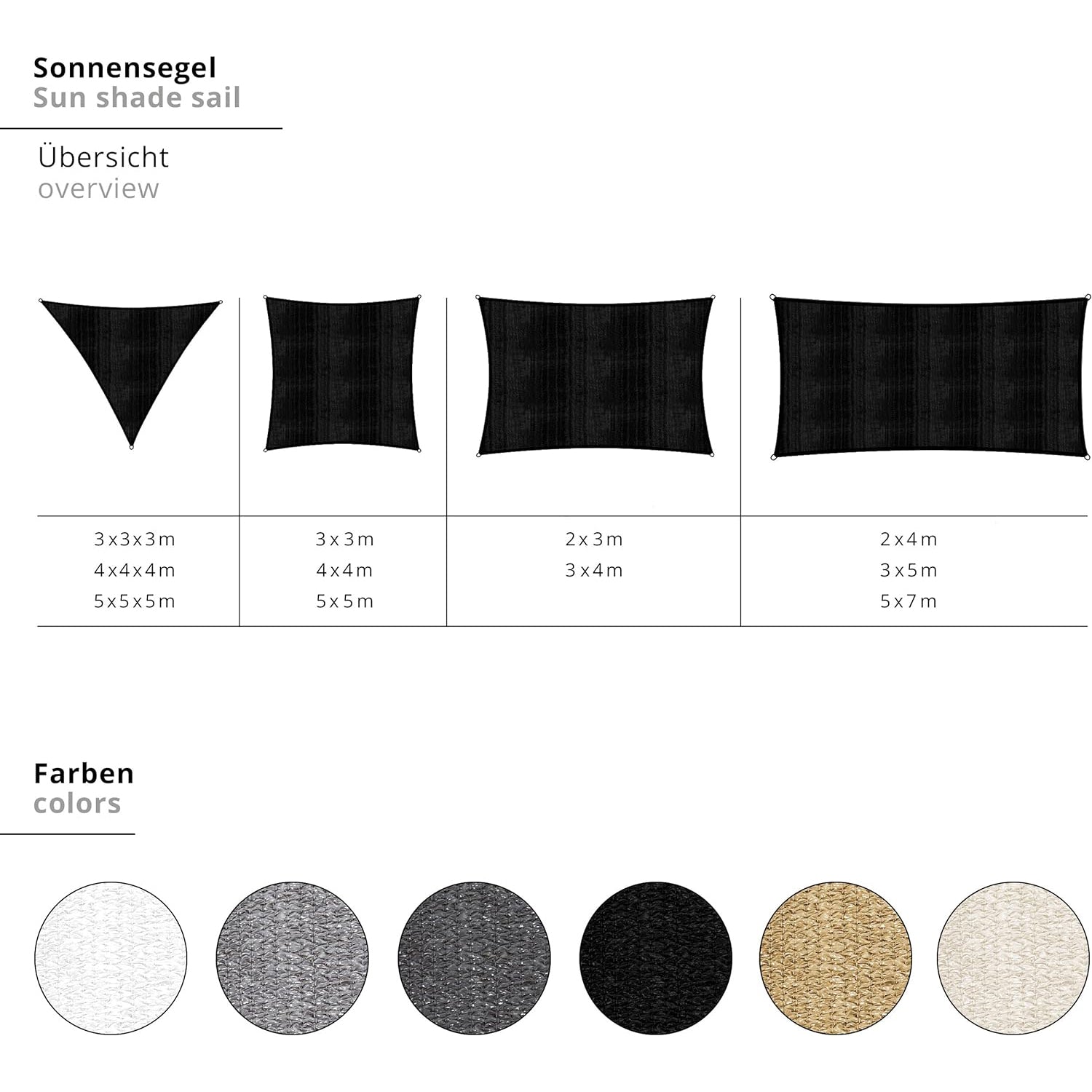 Sonnensegel 100% HDPE mit Stabilisator für UV-Schutz - Rechteck 2 x 3 Meter - Weiß, robust und reißfest mit rostfreien Ringen.