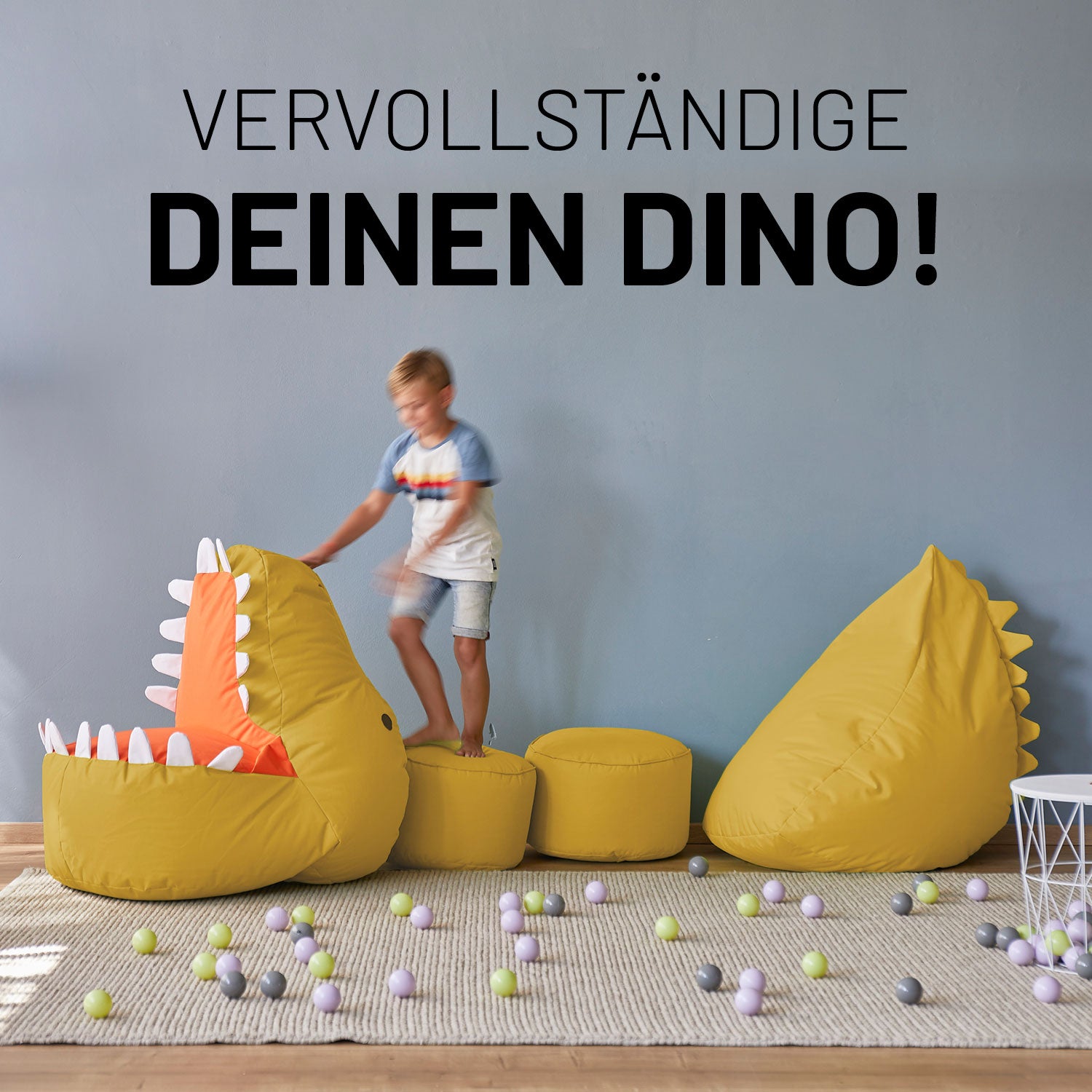 Kindersitzsack Animal Line Dino (270 L) in Senfgelb, wasserabweisend, kuschelig und robust für drinnen und draußen.