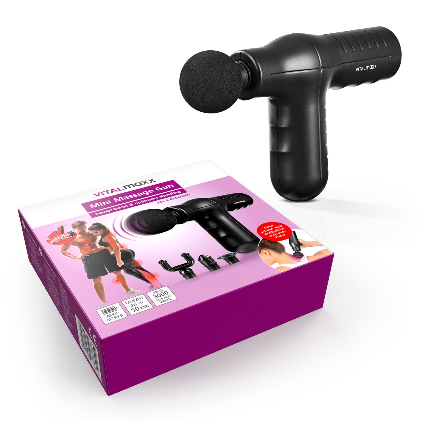Mini-Massage Gun Smart Grip - schwarz mit 5 Stufen, ergonomisch, 4 Aufsätzen und 50 Minuten Akkulaufzeit für intensive Massage.