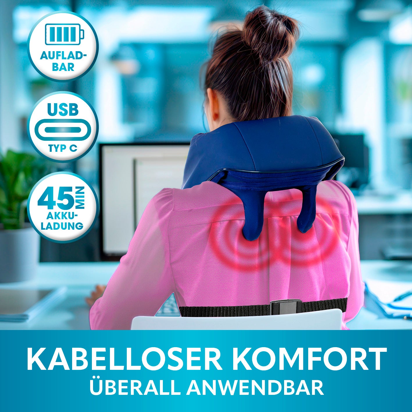 Frau nutzt kabelloses Shiatsu-Massagegerät mit USB-Aufladung und ergonomischem Gurt zur entspannten Nackenmassage am Arbeitsplatz.