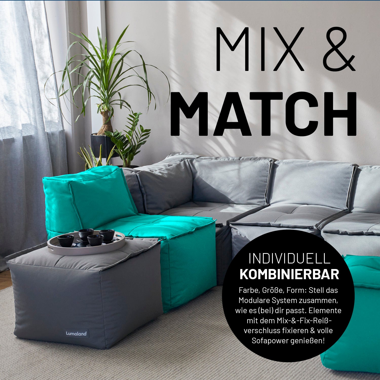 Sitzsack-Hocker (200 L) - Modulares System in Türkis und Grau, vielseitig kombinierbar für indoor & outdoor, mit Mix-&-Fix-Reißverschluss.
