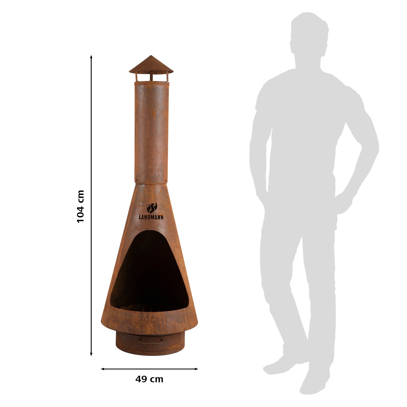 Gartenkamin aus Cortenstahl mit 104 cm Höhe, wetterfest, korrosionsbeständig und fest stehend für den Gartenbereich.