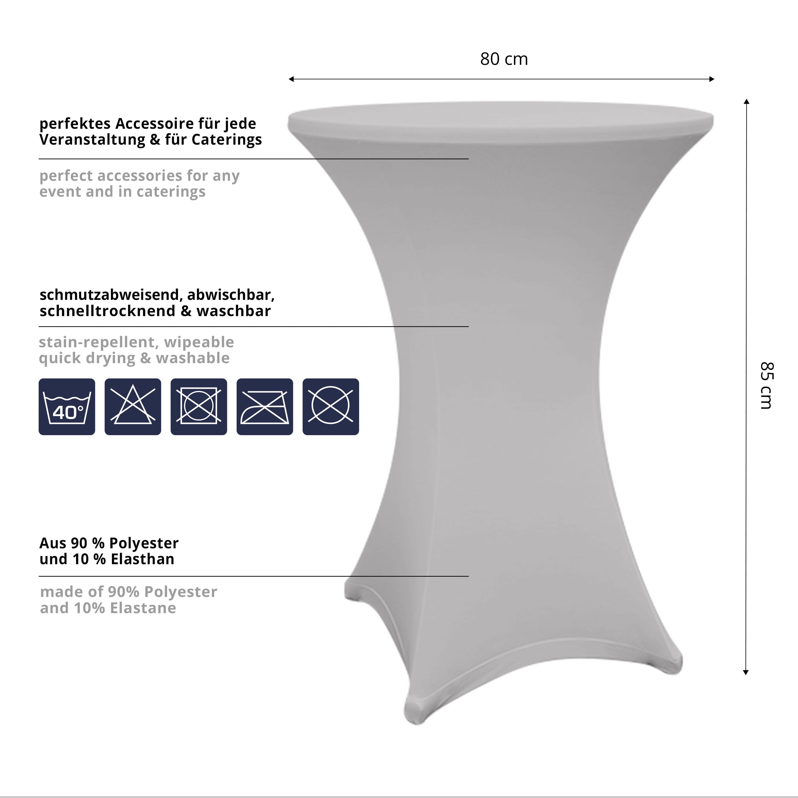 Stehtischhusse Ø 80-85 cm silbergrau, schmutzabweisend, waschbar bei 40°C, aus 90% Polyester und 10% Elasthan, 10er-Set.
