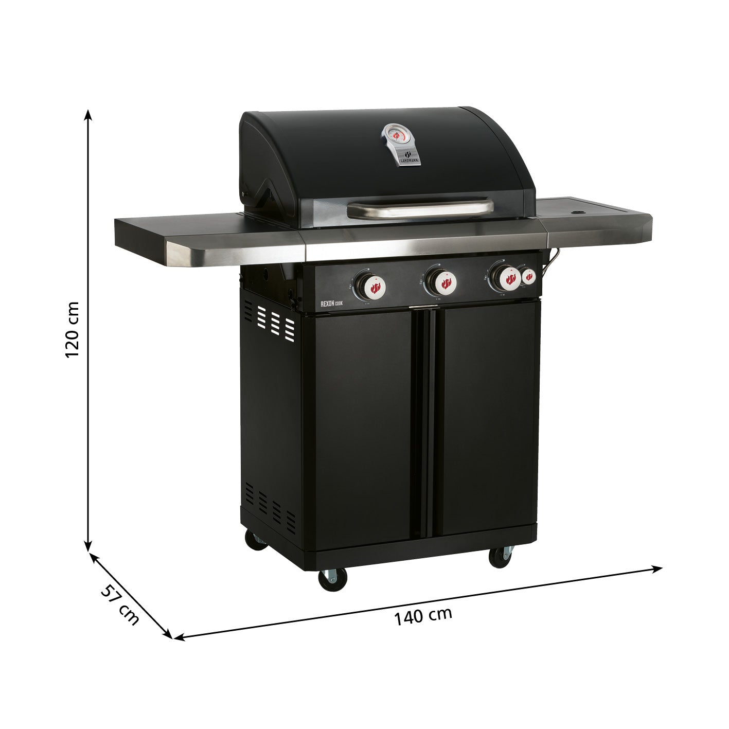 Gasgrill Rexon PTS 3.1 schwarz mit 3 Edelstahl-Brennern, Seitenbrenner, emaillierten Grillrosten und Temperaturanzeige im Deckel.