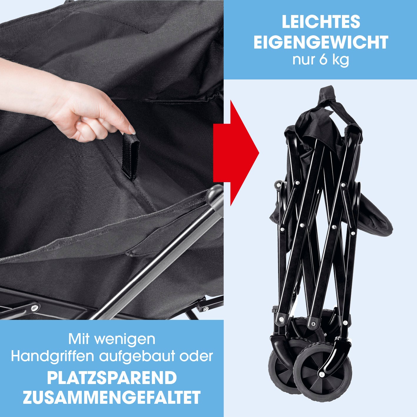 Bollerwagen mit kleinen Rädern - faltbar, leichtes Gewicht 6 kg, platzsparend zusammengefaltet, stabiler Stahlrohrrahmen, robuste Materialien.