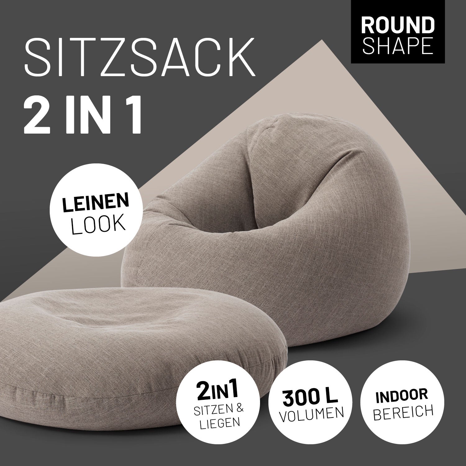 Sitzsack Interior Line (300 L ) - indoor - Hellgrau, weicher 2-in-1 Sitzsack mit Leinenlook, rund und flexibel für Wohnzimmer.