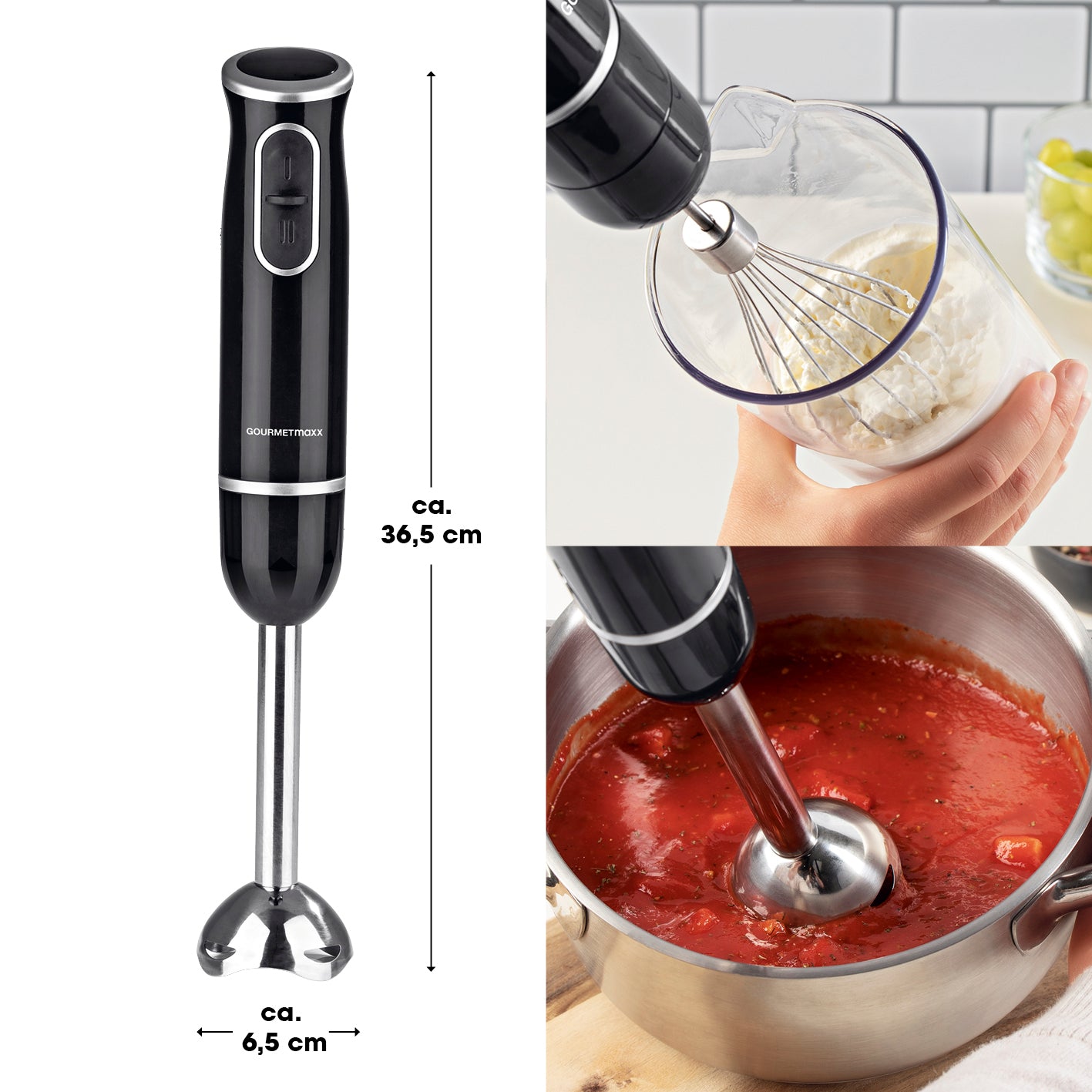 Stabmixer inkl. Rühraufsatz und Messbecher - schwarz/chrom zum Pürieren, Mixen und Schlagen mit stabilem Edelstahlmesser.