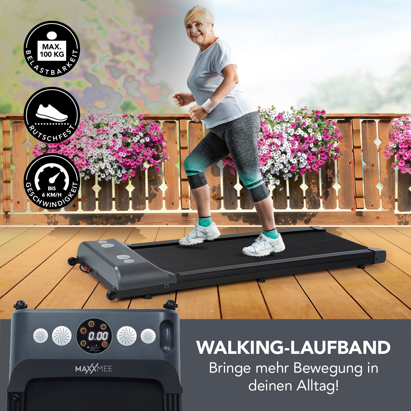 Laufband - 1-6km/h - Maximale Belastbarkeit von 100 kg, elektrisch, leicht, mit Display für Zeit, Geschwindigkeit, Kalorien und Distanz.