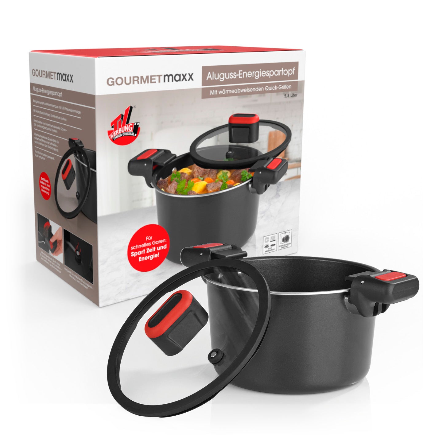 Energiespartopf Aluminium 5,8l schwarz/rot mit Antihaftbeschichtung, Thermoboden und wärmeabweisenden Quick-Griffen für alle Herdarten.