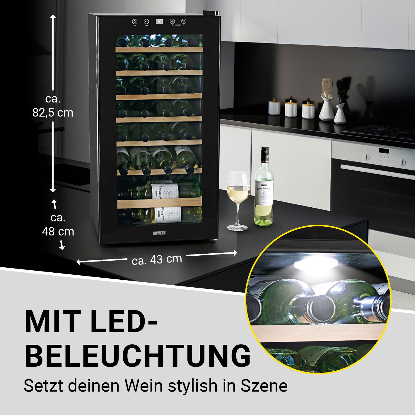 Weinkühlschrank - 28 Flaschen mit LED-Beleuchtung, freistehend, temperaturgeregelt von 4 °C bis 18 °C, geräuscharm und vibrationsfrei