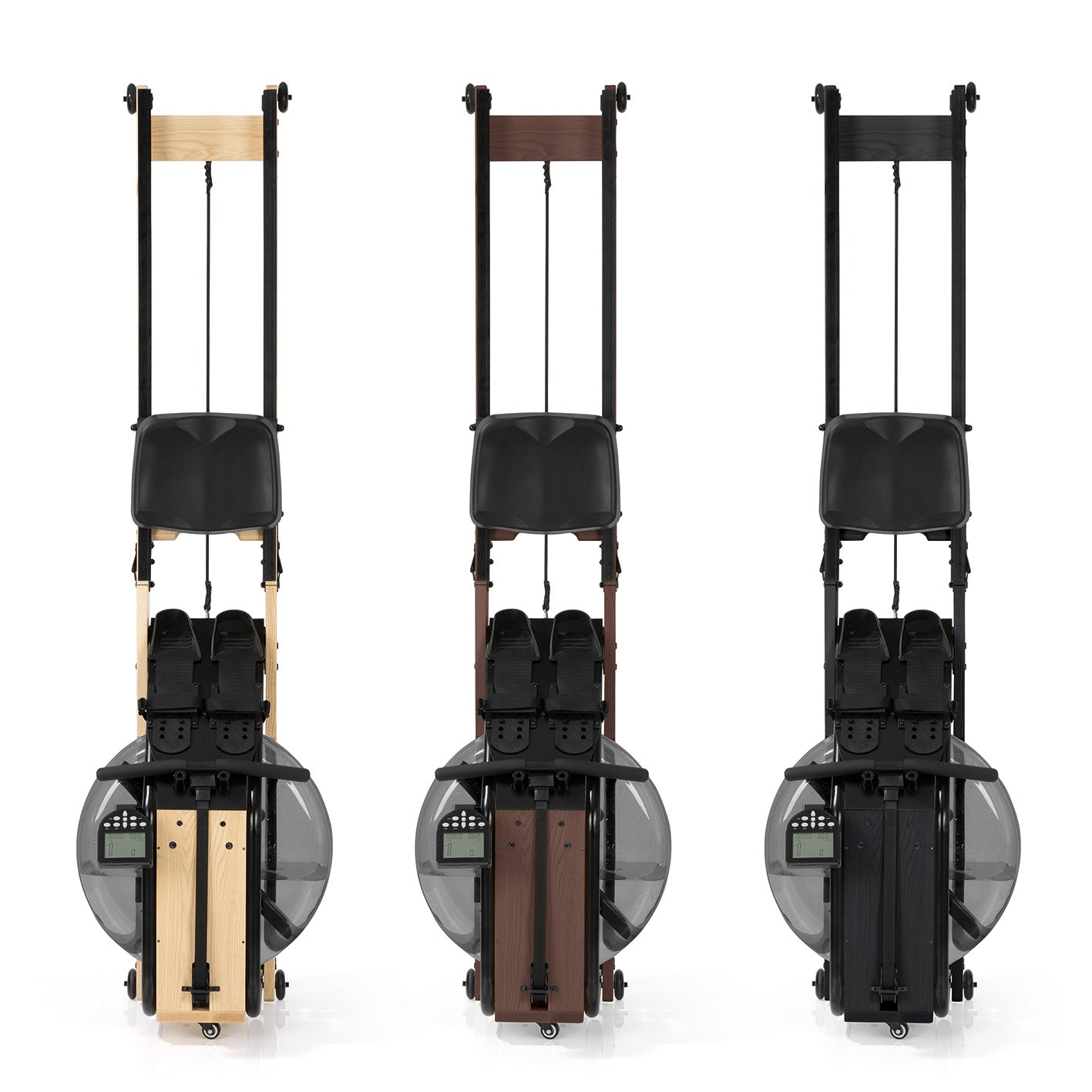 Klappbares Wasser-Rudergerät 2.0 - Dark Brown in Eschenholz mit Trainingsmonitor und Kinomap-kompatibler Wireless-Verbindung.