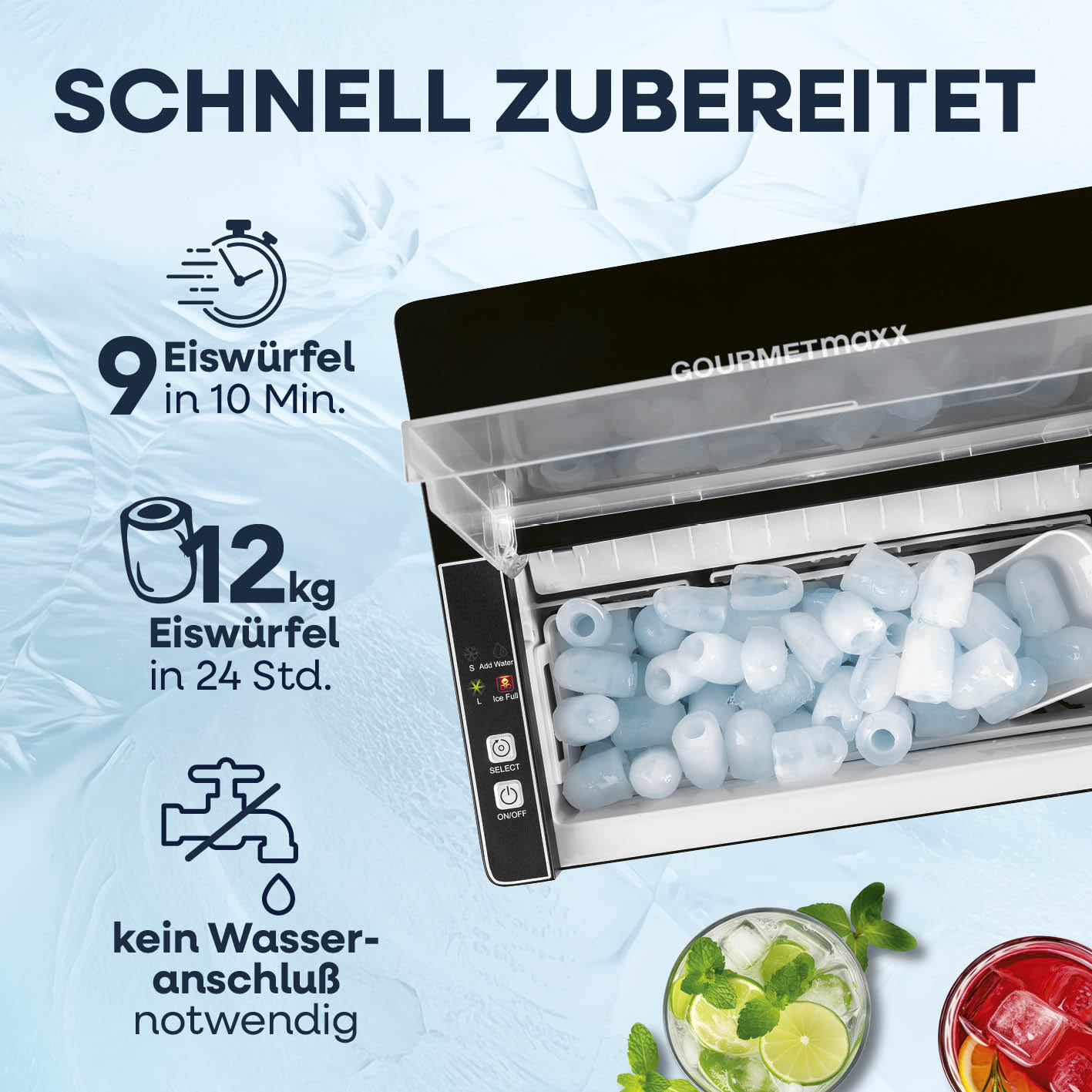 Eiswürfelmaschine inkl. Auffangbehälter & Eisschaufel mit 9 Eiswürfeln in 10 Min., 12 kg/24 Std., ohne Wasseranschluss.