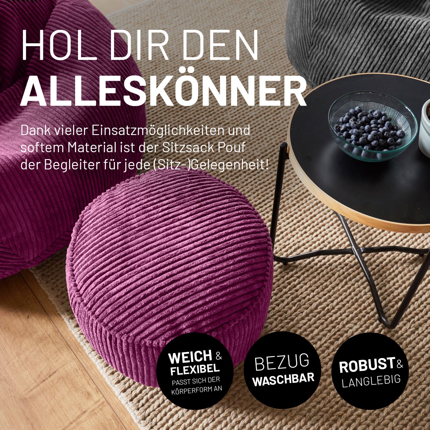 Sitzsack Pouf aus der Cord-Reihe - Weinrot mit weichem Cordbezug, vielseitig nutzbar als Hocker, waschbar und robust für jeden Wohnstil.