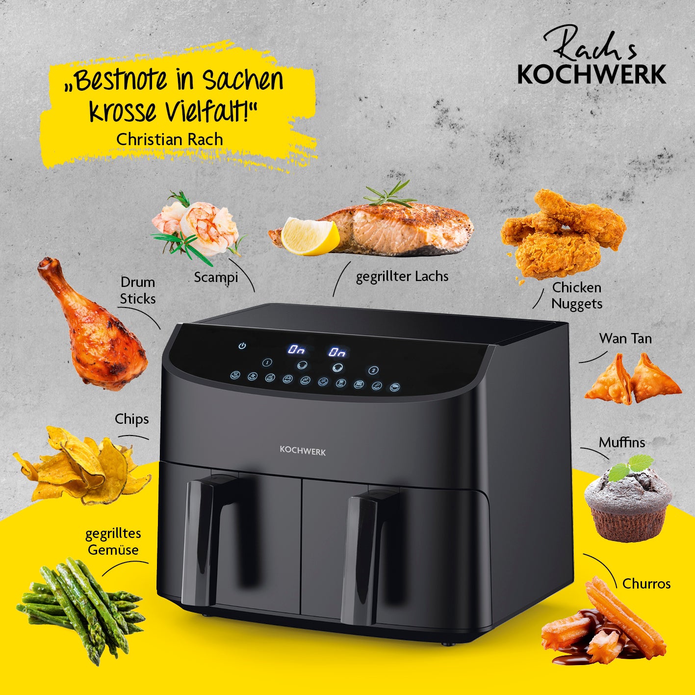 Heißluft-Fritteuse Doppelkorb 2x 3,5l mit 10 One-Touch-Programmen für vielfältiges Grillen, Frittieren und Backen.
