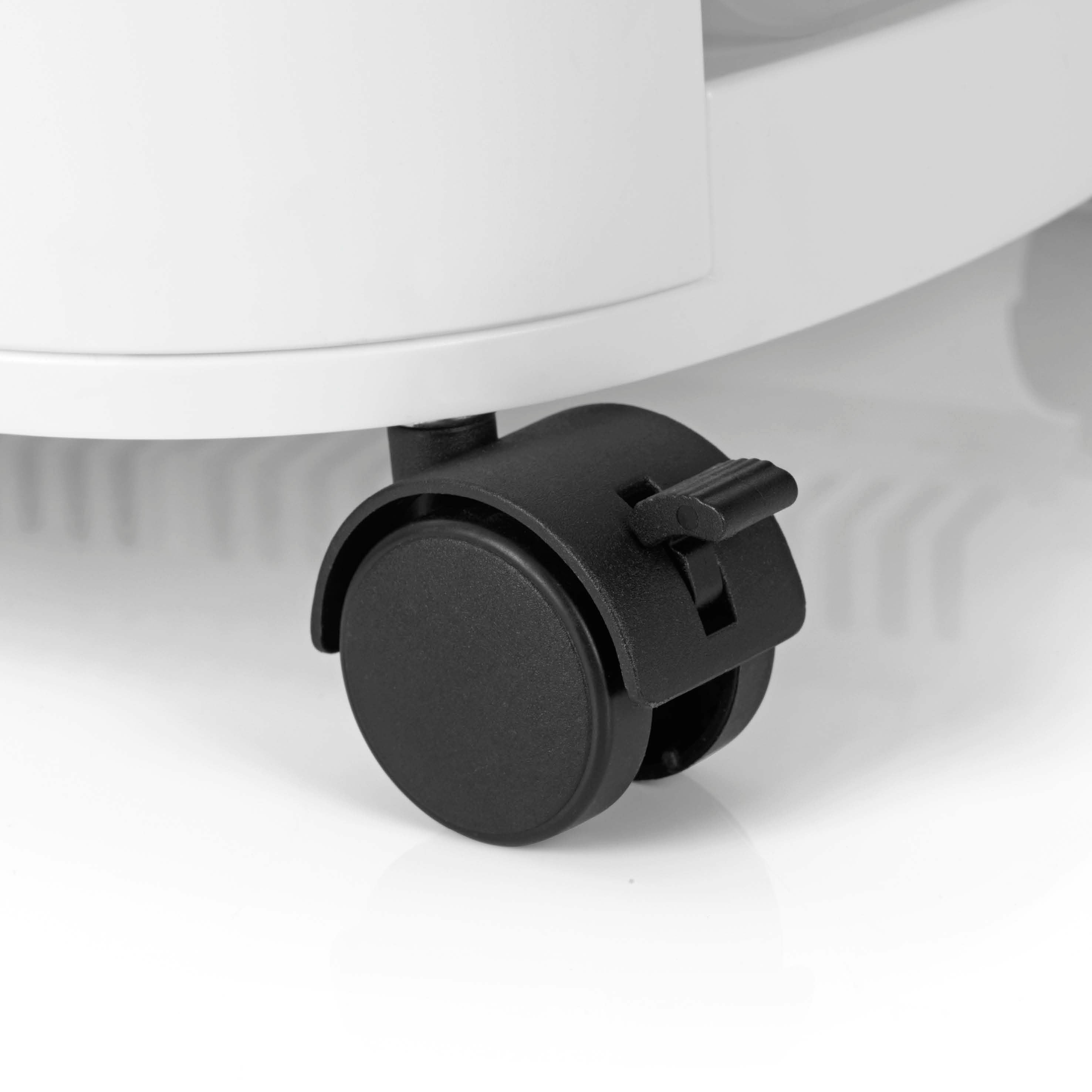 Luftkühler mit Peltier-Element Detailansicht schwarzes Rollenrad mit Feststellfunktion für einfache Mobilität und Stabilität.