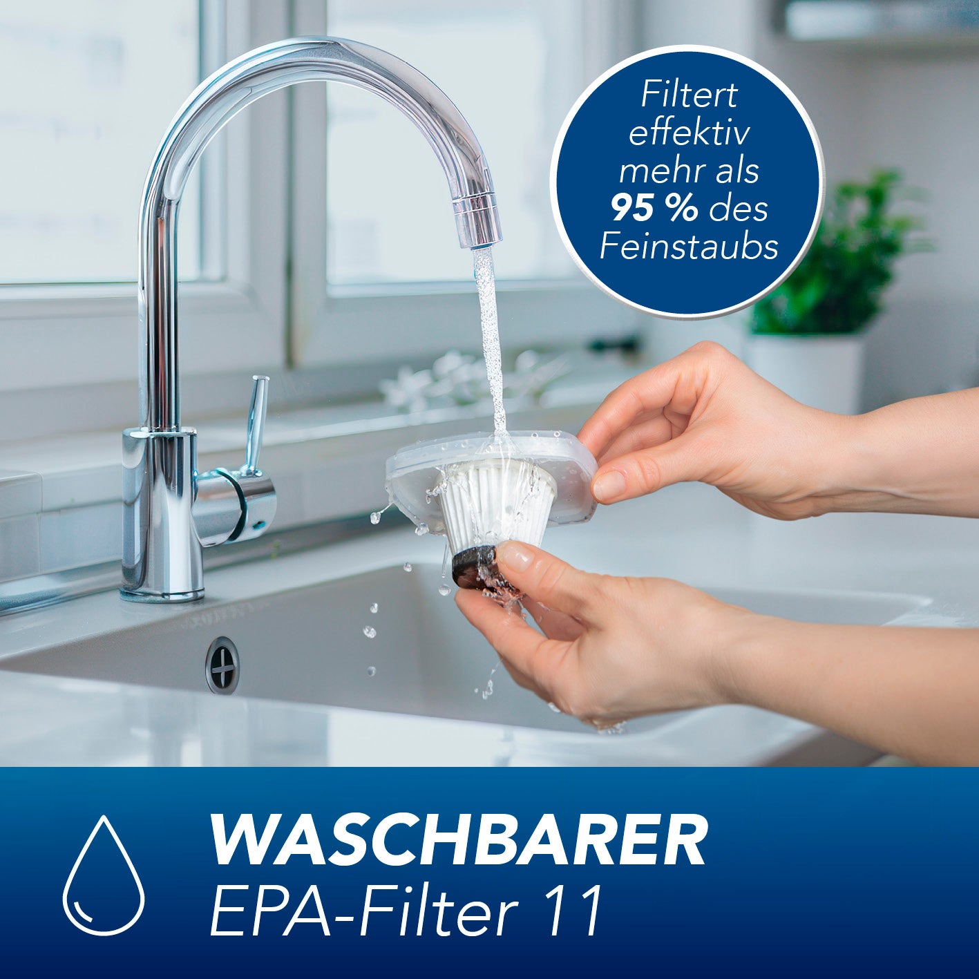 Akku-Handstaubsauger mit waschbarem EPA-Filter 11, der über 95 % Feinstaub effektiv filtert und einfach unter Wasser gereinigt werden kann.