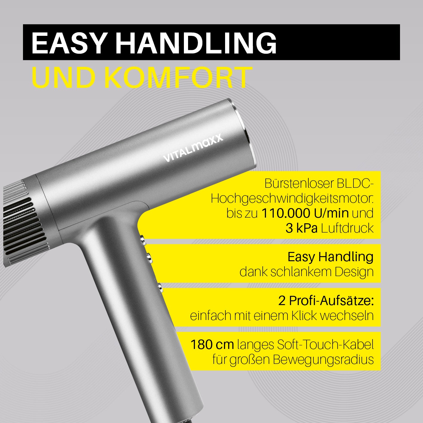 Slim Hairdryer mit bürstenlosem BLDC-Motor, schlankem Design, 2 Profi-Aufsätzen und 180 cm Kabel für komfortable Handhabung.