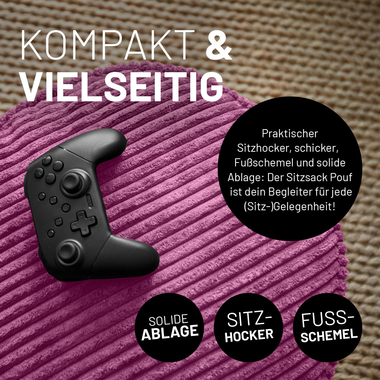 Sitzsack Pouf aus der Cord-Reihe - Weinrot als vielseitiger Hocker, Schemel und Ablage mit weichem Cordbezug und kompakter Größe.